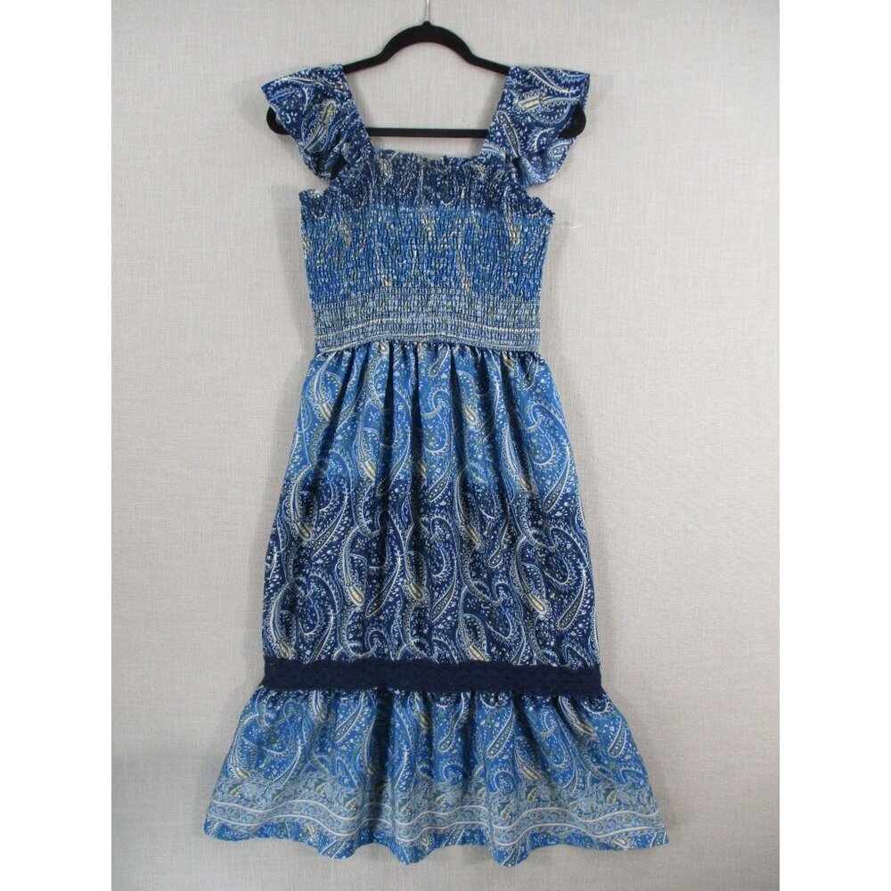 MPH Blue Boho Paisley Smocked Midi Dress With Flutter Sleeves‎ & Lace size - M